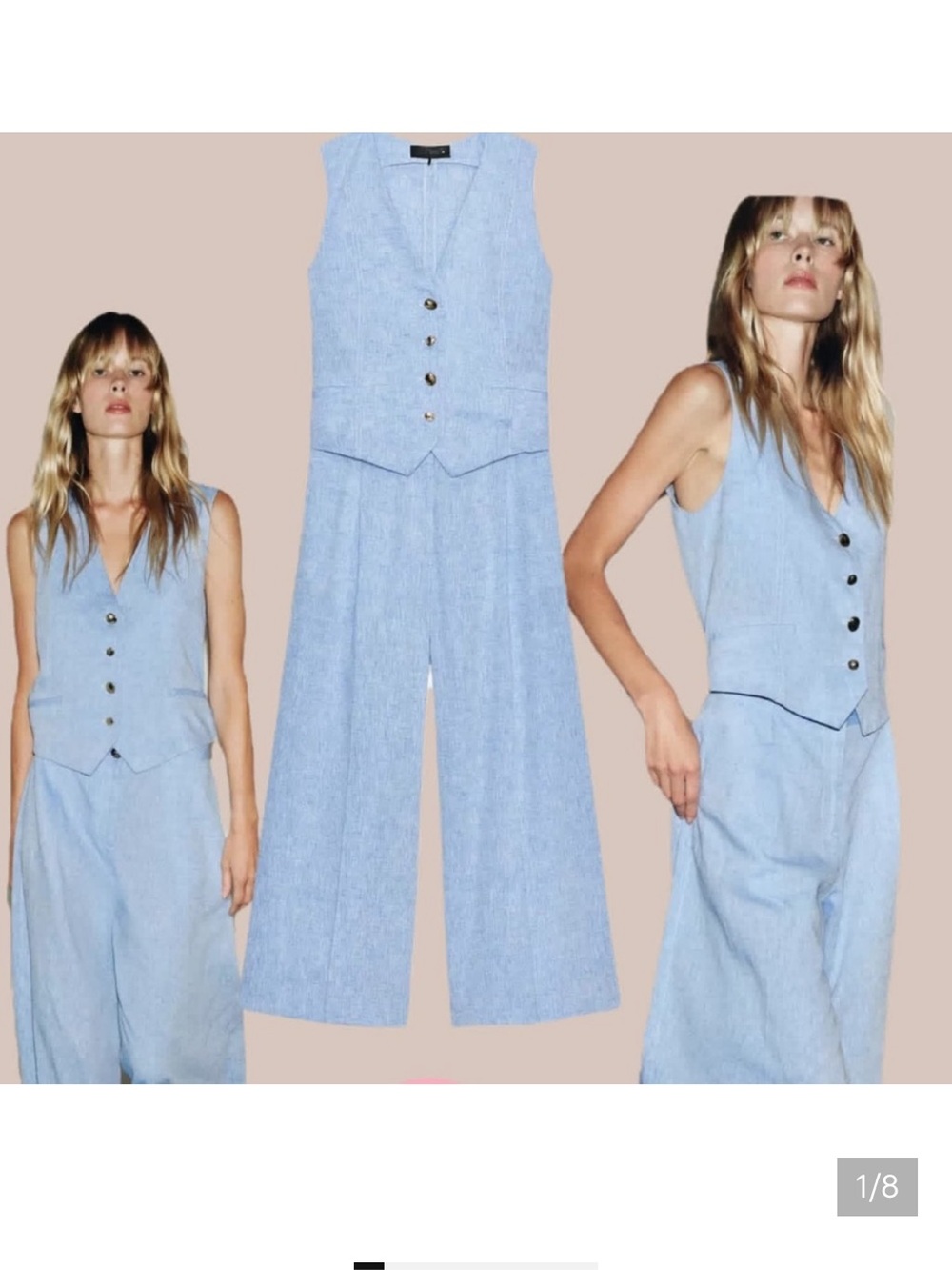 Zara NWT linen blend waistcoat jumpsuit blue 8461/789